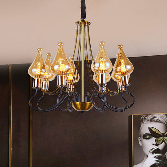 Modern Black-Gold Teardrop Chandelier with Amber Glass - 5/8 Lights, Perfect for Dining Room