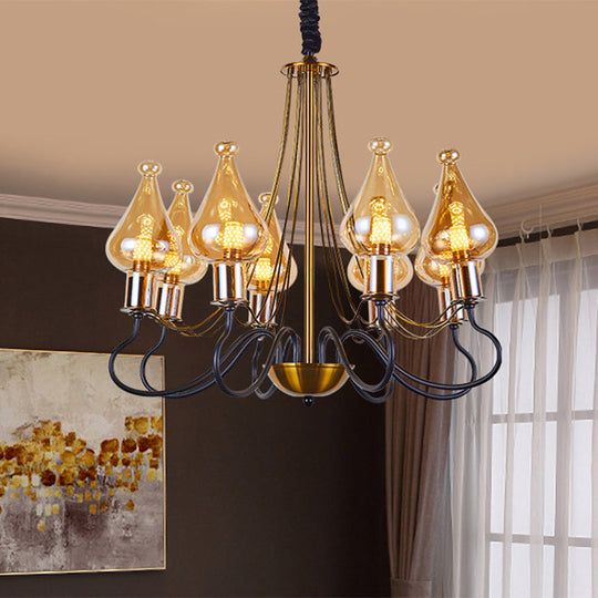 Black-Gold Teardrop Chandelier Lamp - Modern 5 Lights Amber Glass Suspension Lighting For Dining