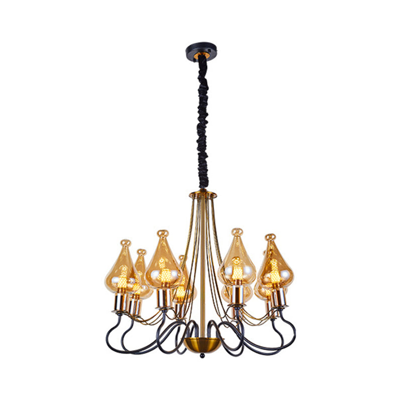 Modern Black-Gold Teardrop Chandelier with Amber Glass - 5/8 Lights, Perfect for Dining Room