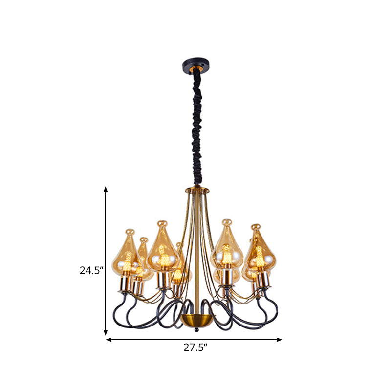 Modern Black-Gold Teardrop Chandelier with Amber Glass - 5/8 Lights, Perfect for Dining Room