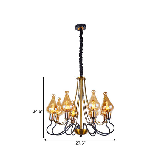 Modern Black-Gold Teardrop Chandelier with Amber Glass - 5/8 Lights, Perfect for Dining Room