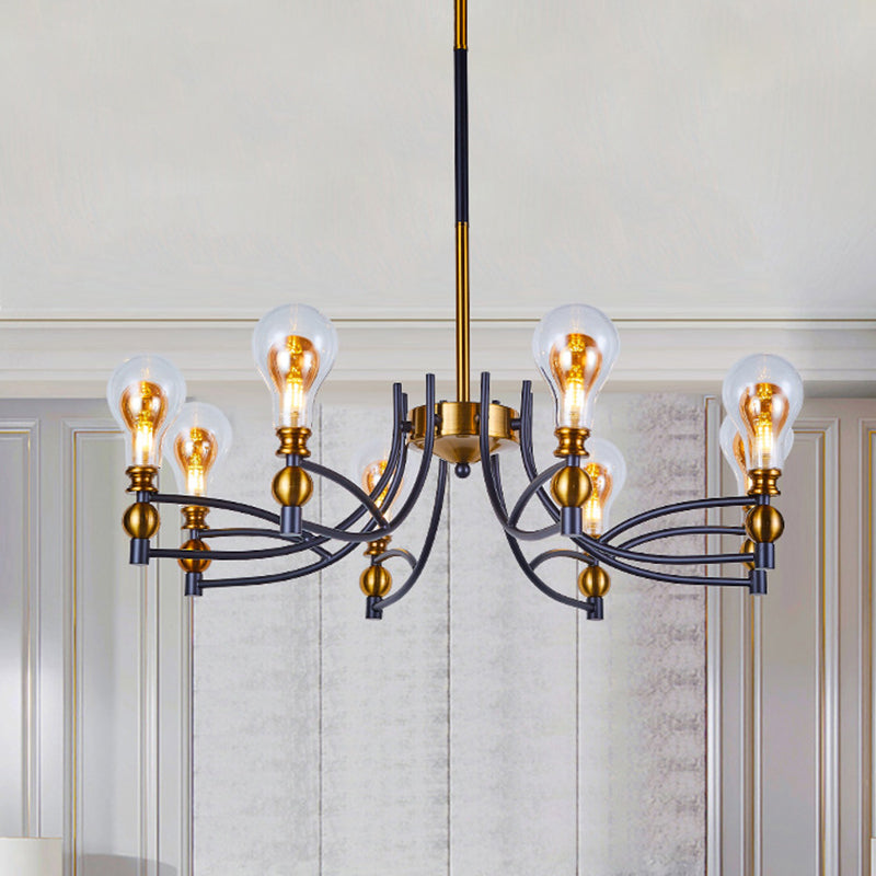 Contemporary Hanging Chandelier - Clear Glass Bulb Shape Down Lighting 6/8 Lights Black & Gold