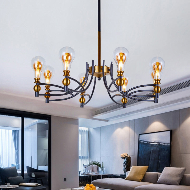 Contemporary Hanging Chandelier - Clear Glass Bulb Shape Down Lighting 6/8 Lights Black & Gold