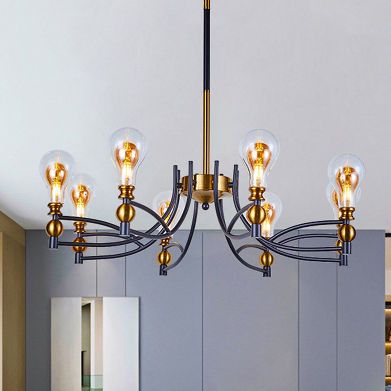 Contemporary Hanging Chandelier - Clear Glass Bulb Shape Down Lighting 6/8 Lights Black & Gold