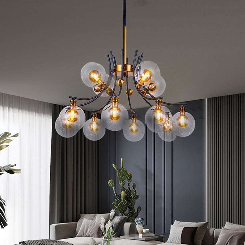 2-Tier Nordic Style Clear Glass Pendant Chandelier: Orb-Shaped Black & Gold 9/12-Head