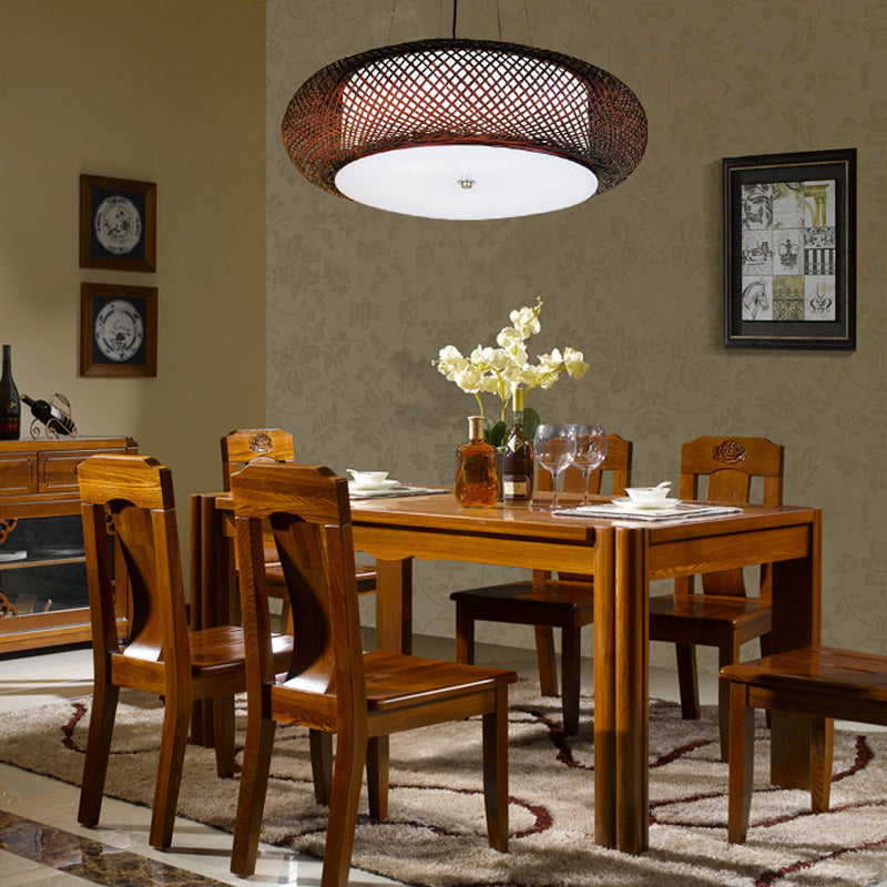 Hand-Crafted Bamboo Suspension Light For Dining: Brown/Wood Finish With Asian-Inspired Drum Shade