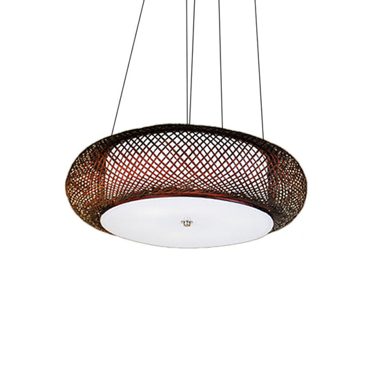 Hand-Crafted Bamboo Suspension Light For Dining: Brown/Wood Finish With Asian-Inspired Drum Shade