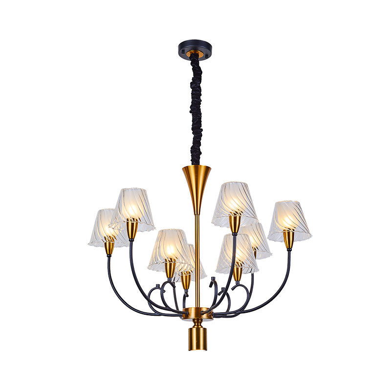 Nordic Style 9-Light Black-Gold Conical Suspension Lamp With Clear Ribbed Glass