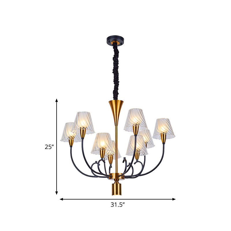 Nordic Style 9-Light Black-Gold Conical Suspension Lamp With Clear Ribbed Glass