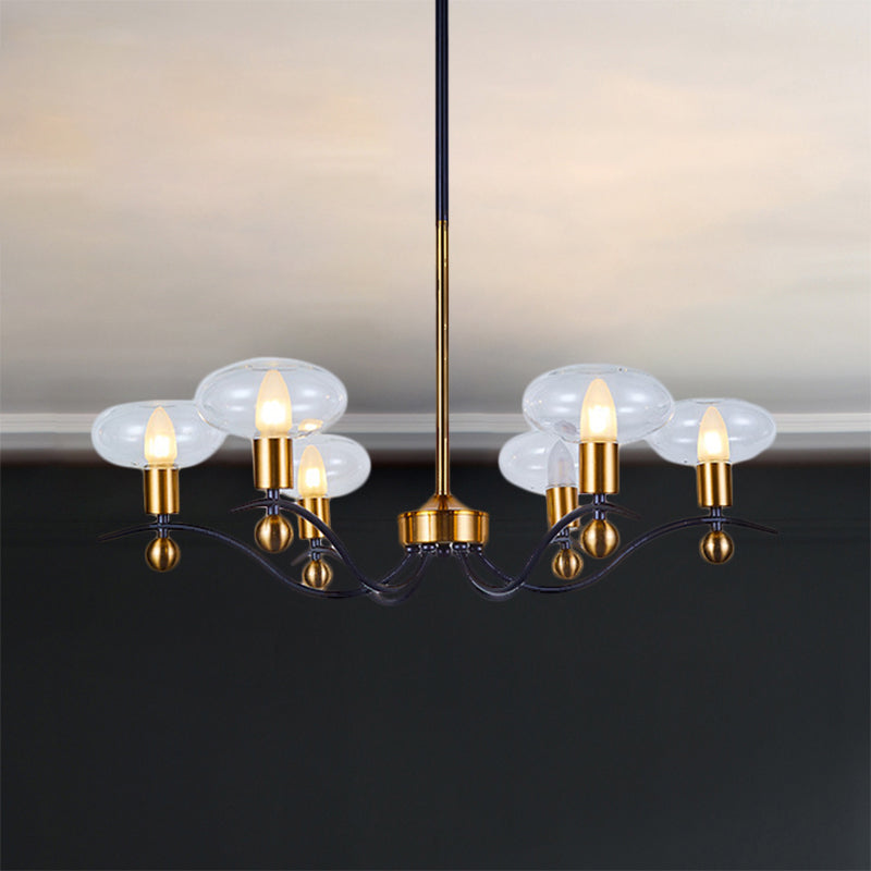 Minimalist Clear Glass Ellipsoid Pendant Chandelier: Black-Gold 6/8/12 Bulb Options 1/2-Layer