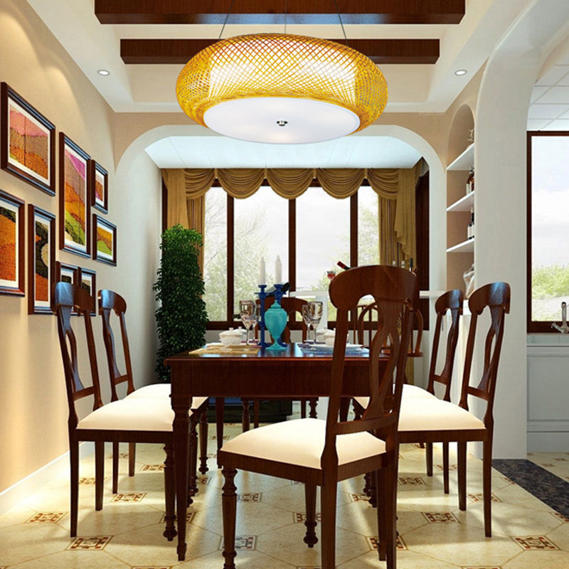 Hand-Crafted Bamboo Suspension Light For Dining: Brown/Wood Finish With Asian-Inspired Drum Shade