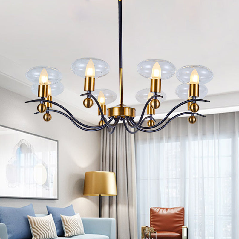 Minimalist Clear Glass Ellipsoid Pendant Chandelier: Black-Gold 6/8/12 Bulb Options 1/2-Layer