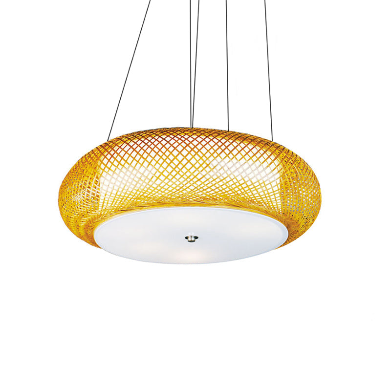 Hand-Crafted Bamboo Suspension Light For Dining: Brown/Wood Finish With Asian-Inspired Drum Shade