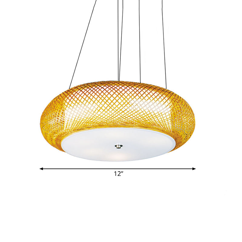 Hand-Crafted Bamboo Suspension Light For Dining: Brown/Wood Finish With Asian-Inspired Drum Shade