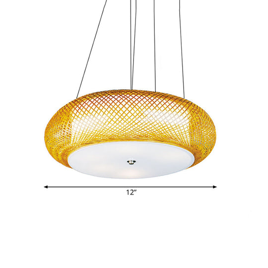 Hand-Crafted Bamboo Suspension Light For Dining: Brown/Wood Finish With Asian-Inspired Drum Shade