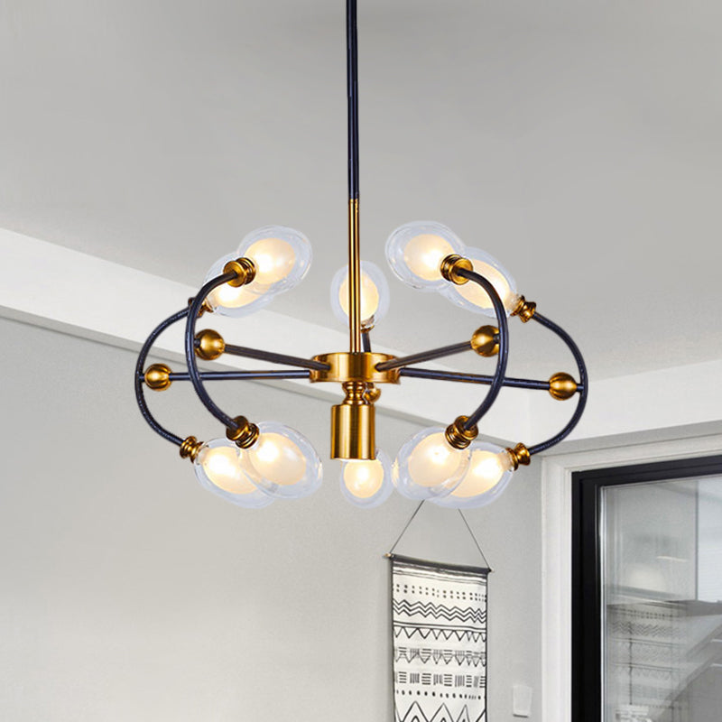 Minimalist Curvy Arm Black-Gold Pendant Chandelier - Oval Down Lighting With Clear Glass