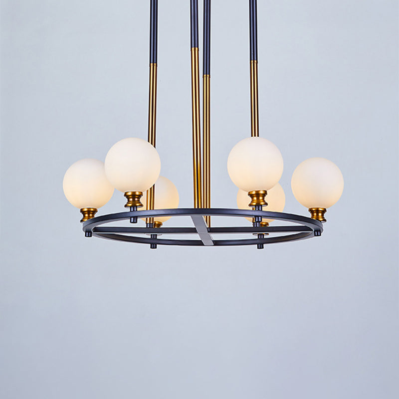 Nordic Style Black-Gold Globe Ceiling Chandelier With Frosted Glass Drop Pendant - 6/8 Lights Ring