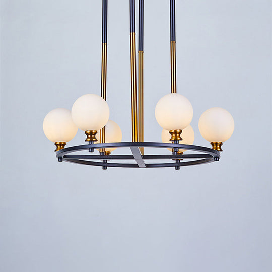 Nordic Style Black-Gold Globe Ceiling Chandelier With Frosted Glass Drop Pendant - 6/8 Lights Ring