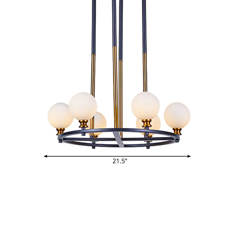 Nordic Style Black-Gold Globe Ceiling Chandelier With Frosted Glass Drop Pendant - 6/8 Lights Ring