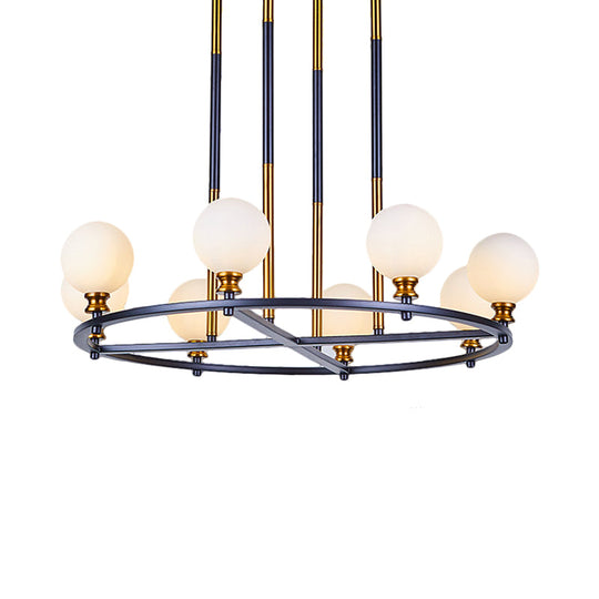 Nordic Style Black-Gold Globe Ceiling Chandelier With Frosted Glass Drop Pendant - 6/8 Lights Ring