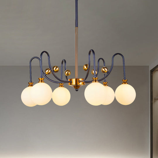 Sleek Opal Glass Pendant Chandelier - Modernist Spherical Down Lighting Black-Gold Finish 6/9 Bulb