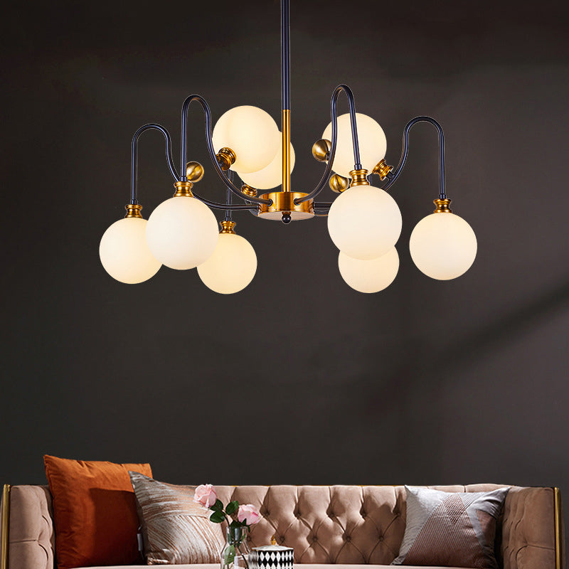 Sleek Opal Glass Pendant Chandelier - Modernist Spherical Down Lighting Black-Gold Finish 6/9 Bulb