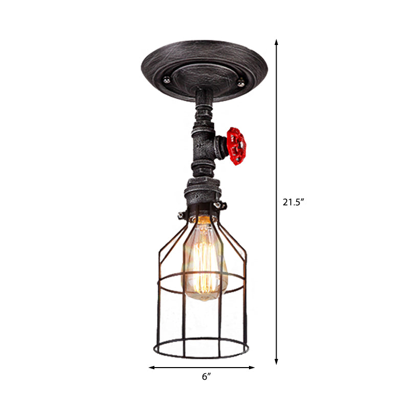 Semi Flush Mount Warehouse Wire Cage Light with Valve Wheel - 1 Bulb Wrought Iron Ceiling Lighting, Aged Silver Finish