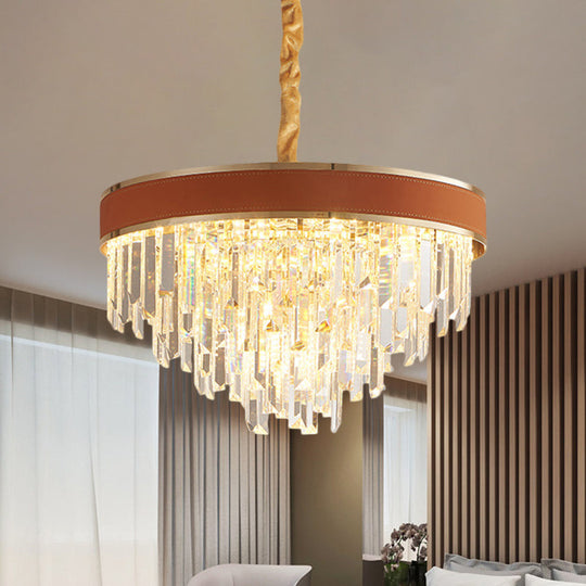 Lustre rond en cristal moderne - Finition marron, 8 têtes, suspension pour salon