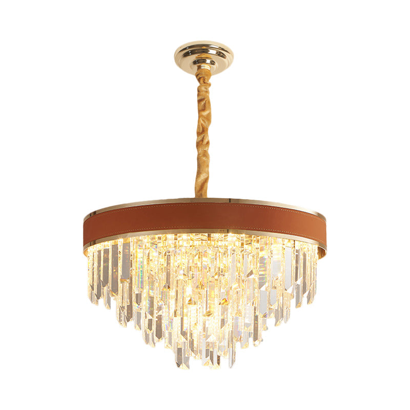 Lustre rond en cristal moderne - Finition marron, 8 têtes, suspension pour salon