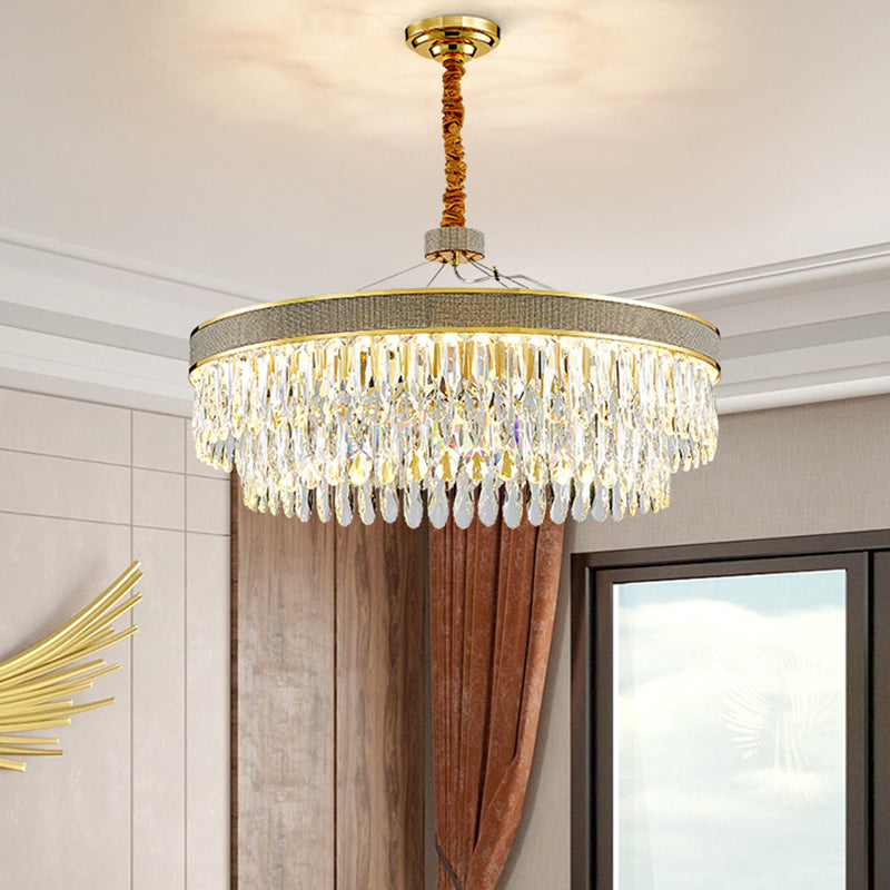 LED Hanging Chandelier - Modern Gold Finish, Clear Crystal Draping, 2-Layer Round Design - 18"/23.5" Width