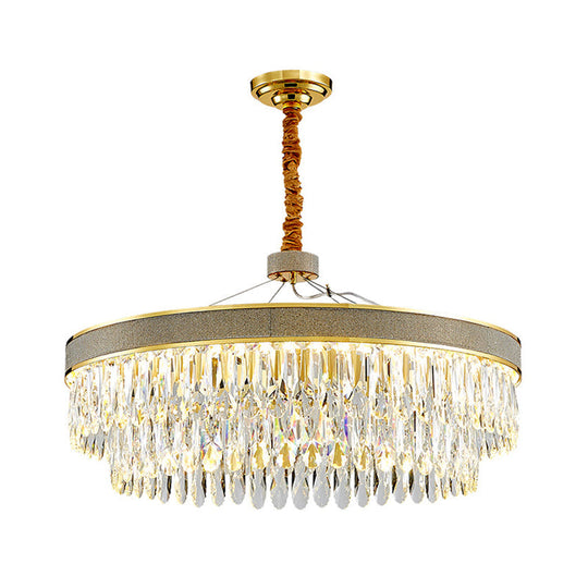 LED Hanging Chandelier - Modern Gold Finish, Clear Crystal Draping, 2-Layer Round Design - 18"/23.5" Width