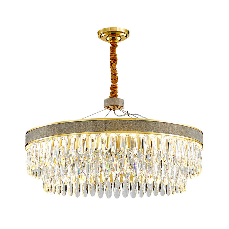 Modern Gold Finish Led Hanging Chandelier With Clear Crystal Draping - 2-Layer Round Suspension Lamp