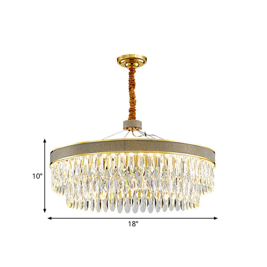 LED Hanging Chandelier - Modern Gold Finish, Clear Crystal Draping, 2-Layer Round Design - 18"/23.5" Width