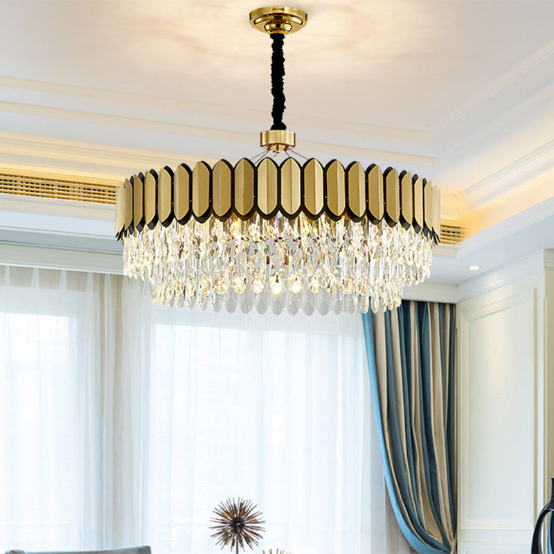 LED Gold Pendant Chandelier with Clear Crystal Drops - 18"/23.5" Wide, Contemporary Round Ceiling Light