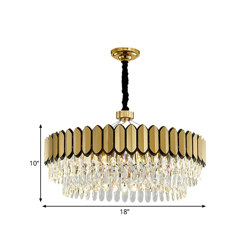 LED Gold Pendant Chandelier with Clear Crystal Drops - 18"/23.5" Wide, Contemporary Round Ceiling Light