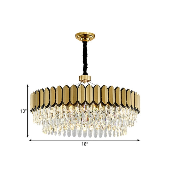 LED Gold Pendant Chandelier with Clear Crystal Drops - 18"/23.5" Wide, Contemporary Round Ceiling Light