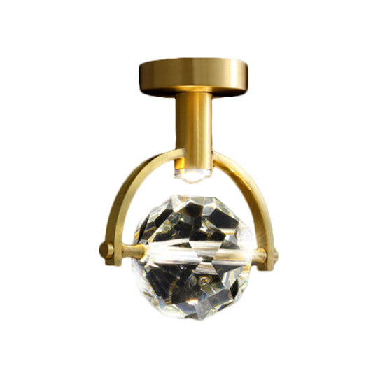 Clear Crystal LED Porch Ceiling Light: Beveled Hexahedron/Ball, Semi Flush Mount, Modern Brass