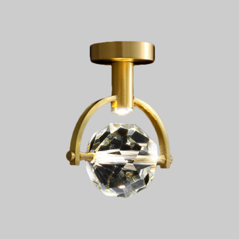 Clear Crystal LED Porch Ceiling Light: Beveled Hexahedron/Ball, Semi Flush Mount, Modern Brass