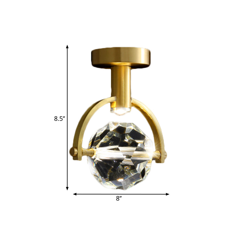 Clear Crystal LED Porch Ceiling Light: Beveled Hexahedron/Ball, Semi Flush Mount, Modern Brass