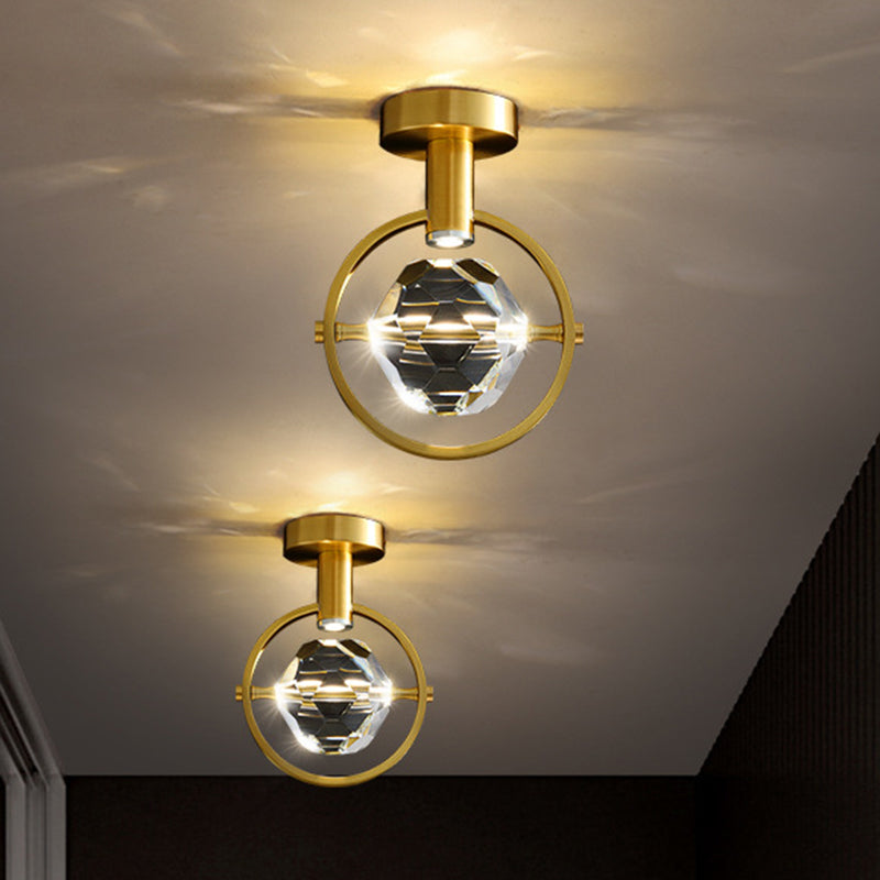 Clear Crystal LED Porch Ceiling Light: Beveled Hexahedron/Ball, Semi Flush Mount, Modern Brass