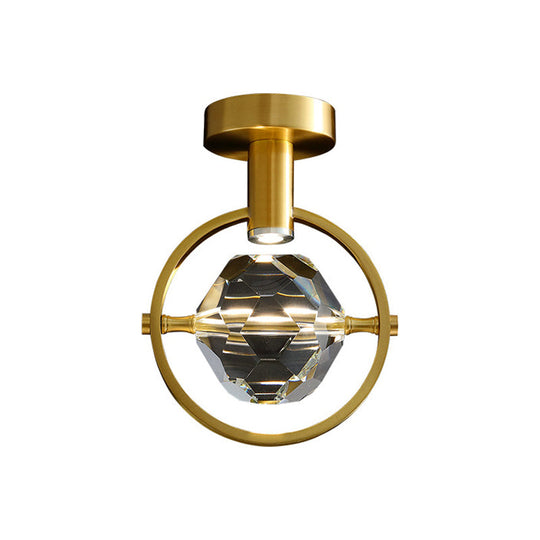 Clear Crystal LED Porch Ceiling Light: Beveled Hexahedron/Ball, Semi Flush Mount, Modern Brass