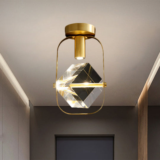 Modern Brass LED Ceiling Flush Mount Crystal Cube Semi Flush Light Fixture