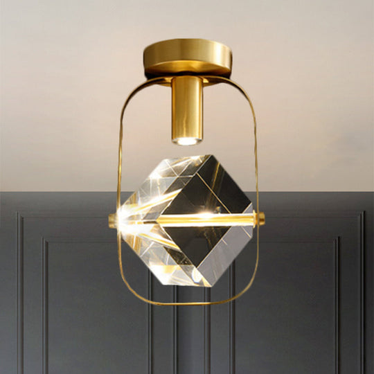 Modern Brass LED Ceiling Flush Mount Crystal Cube Semi Flush Light Fixture