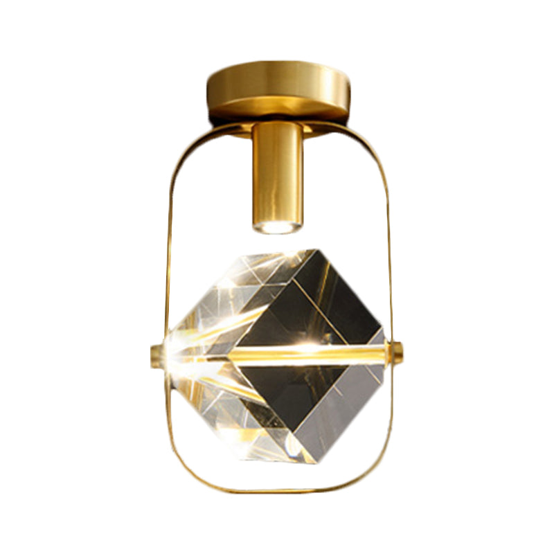 Modern Brass LED Ceiling Flush Mount Crystal Cube Semi Flush Light Fixture