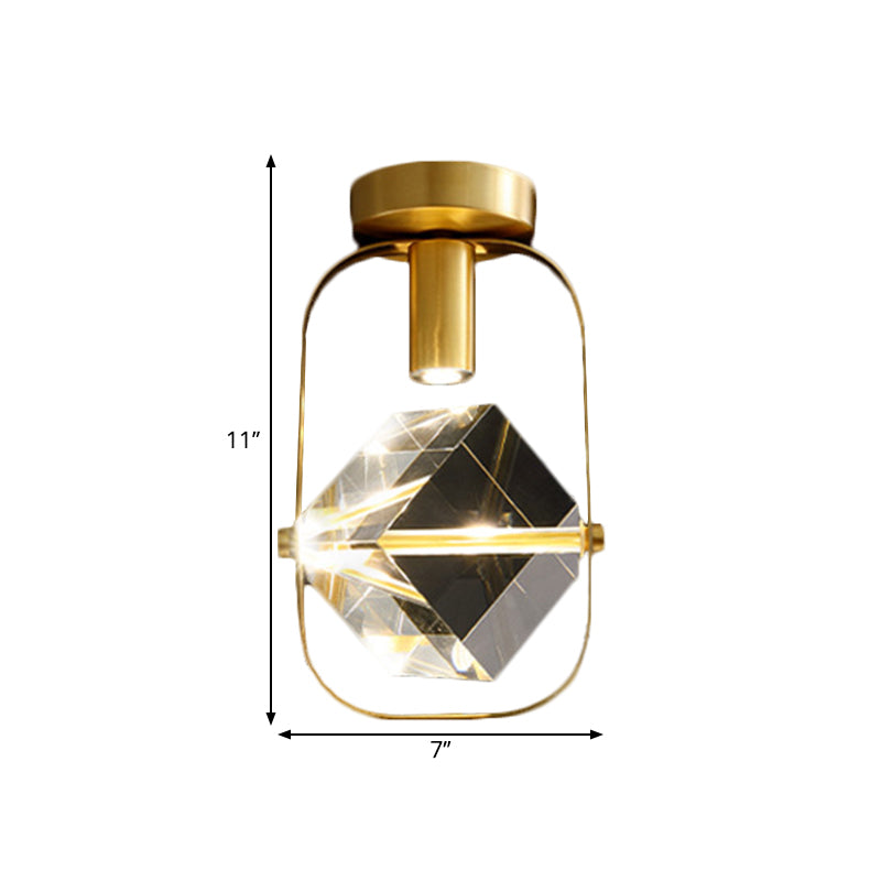 Modern Brass Led Ceiling Flush Mount Crystal Cube Semi Light Fixture