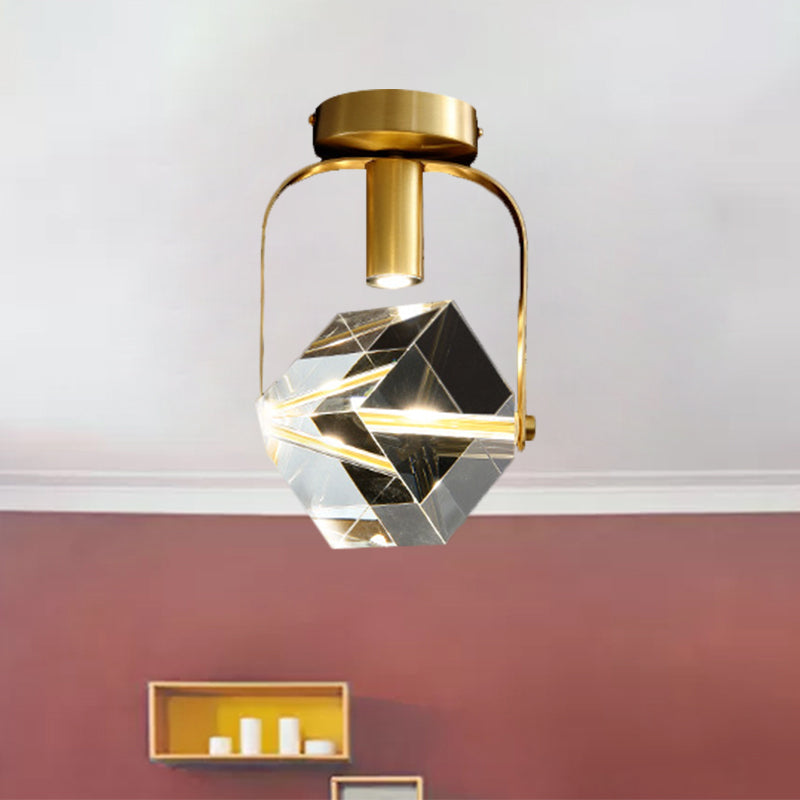 Modern Brass LED Ceiling Flush Mount Crystal Cube Semi Flush Light Fixture