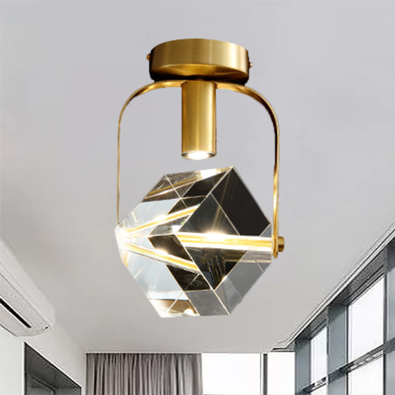 Modern Brass LED Ceiling Flush Mount Crystal Cube Semi Flush Light Fixture