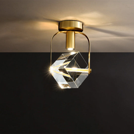 Modern Brass LED Ceiling Flush Mount Crystal Cube Semi Flush Light Fixture