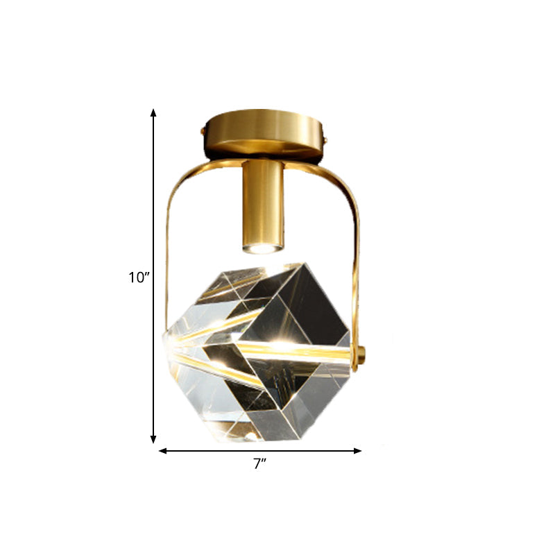 Modern Brass LED Ceiling Flush Mount Crystal Cube Semi Flush Light Fixture