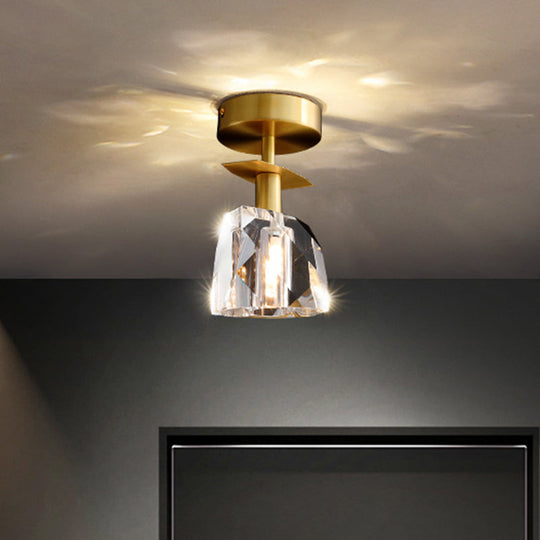 Modern Brass Semi Flush Ceiling Light - Clear Bevel Cut Glass, Irregular Half Sphere Design